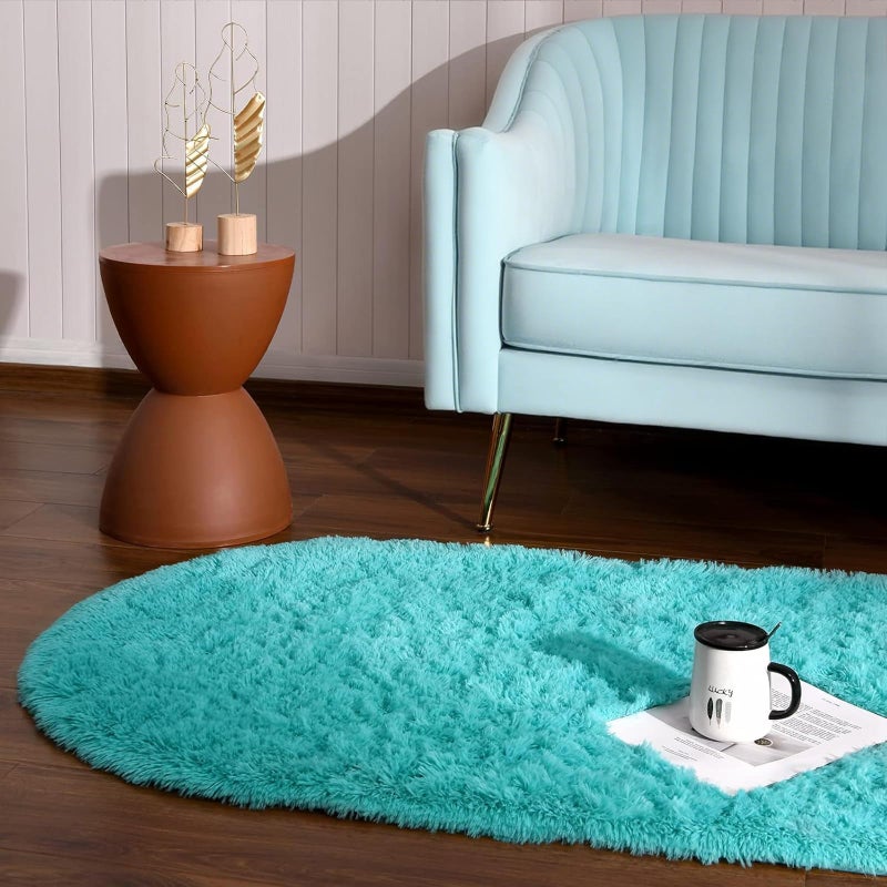 Softlife Fluffy Rugs for Bedroom, Shag Cute Area Rug for Girls/Boys and Kids Baby Room Home Decor, 2.6 x 5.3 Feet Oval Indoor Carpet for Nursery Dorm Living Room, Turquoise Blue - Image 5